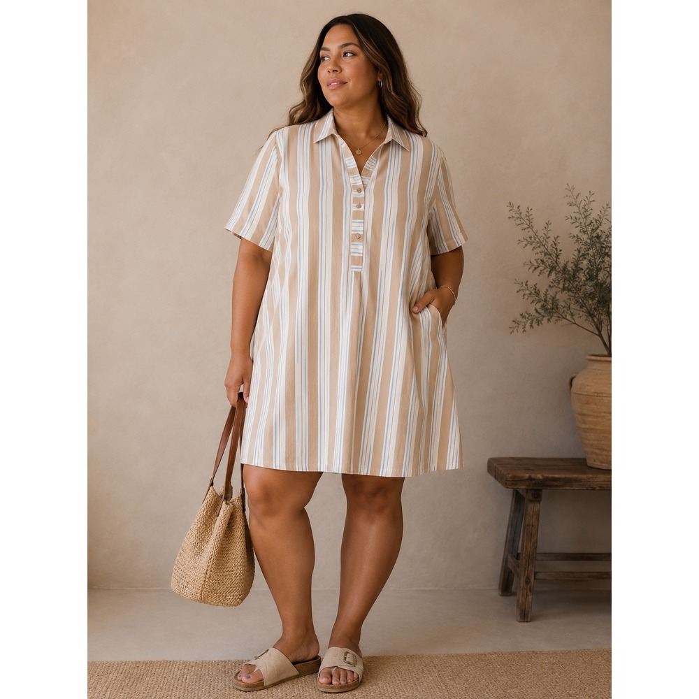 Anthropologie Striped Shirt Dress 2X Tan Blue Oversized Lyocell Mini Pockets